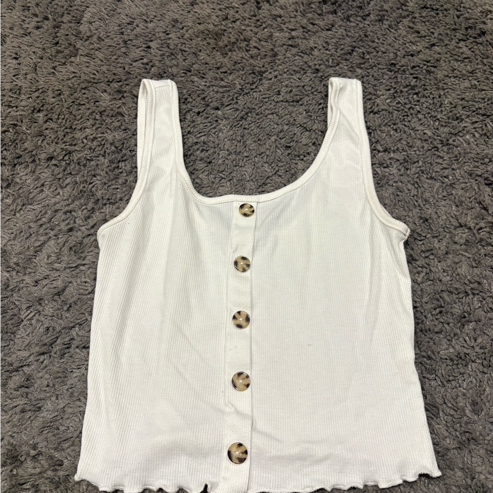 Gaze White Ribbed Tank Top with Button Detail